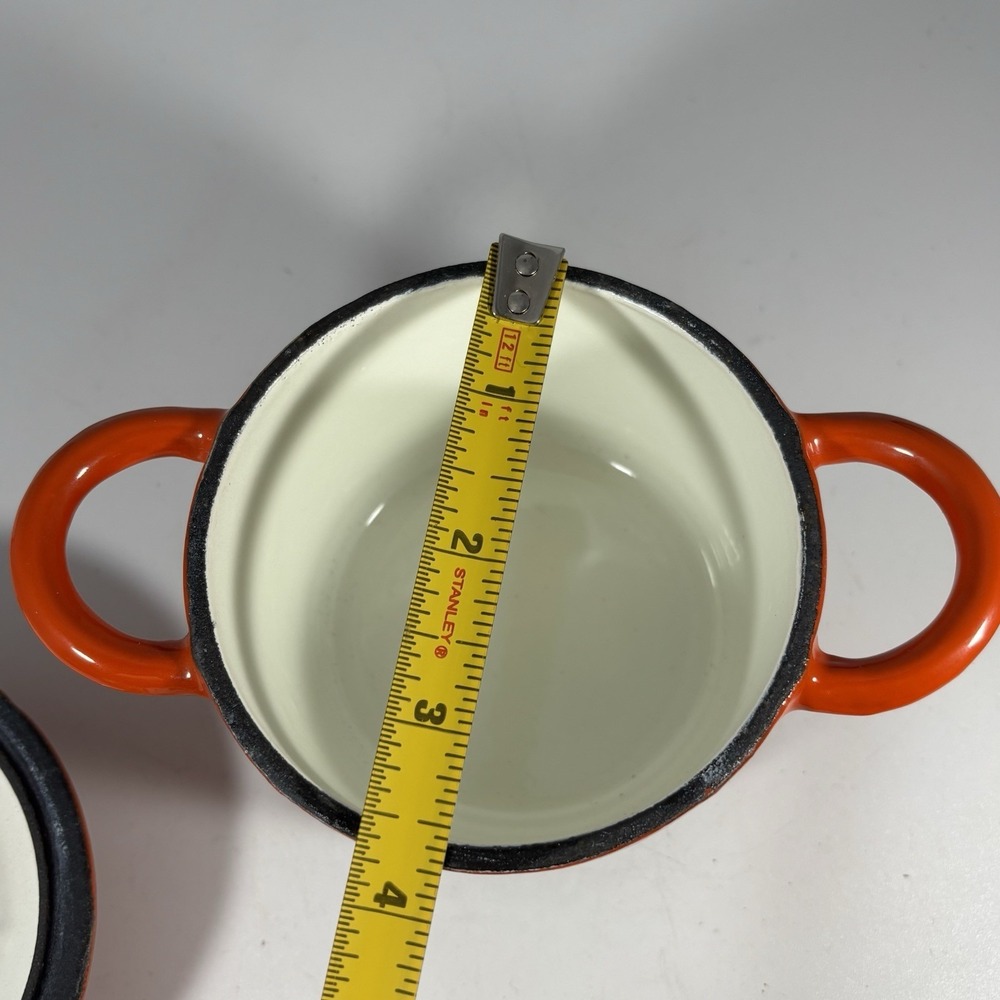2 Vintage Tim Love Collection Enameled Cast Iron Small Dutch Oven W/ Lids Orange - Picture 10 of 11